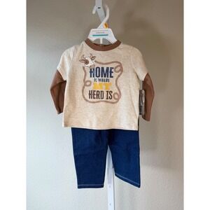 Baby Starters 12m 2 Piece Set Long Sleeve Top Jeans Outfit Cow Home Herd